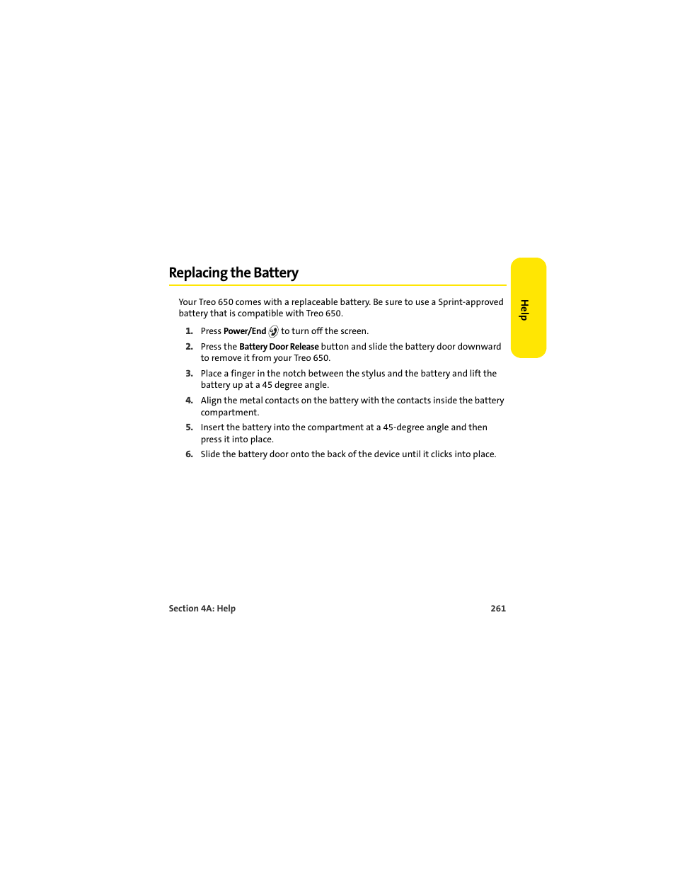 Replacing the battery | Palm 650 User Manual | Page 273 / 388