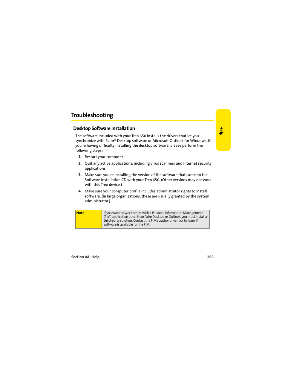 Troubleshooting, Desktop software installation | Palm 650 User Manual | Page 275 / 388