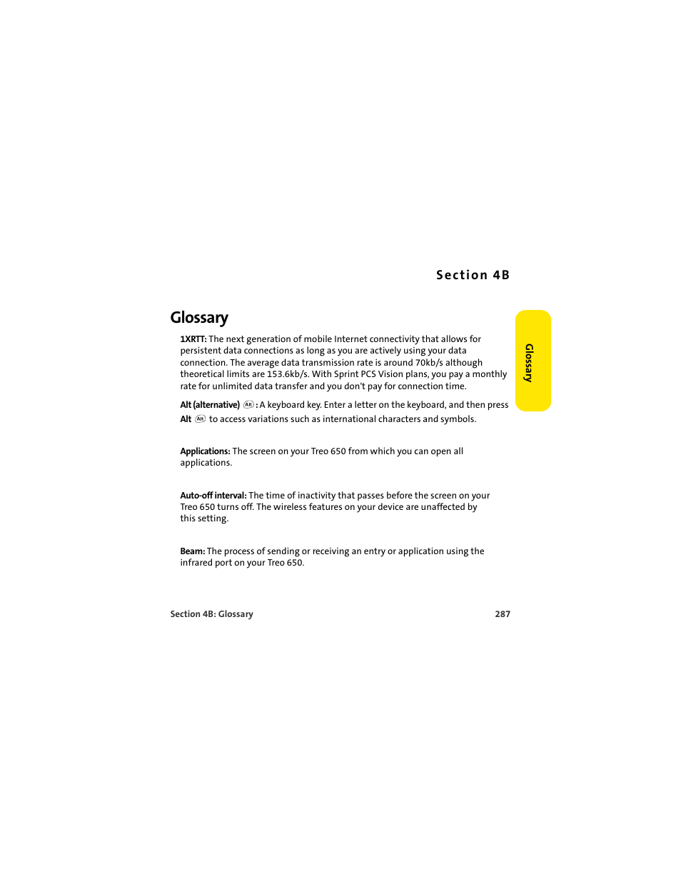 Section 4b glossary, 4b. glossary, Glossary | Palm 650 User Manual | Page 299 / 388
