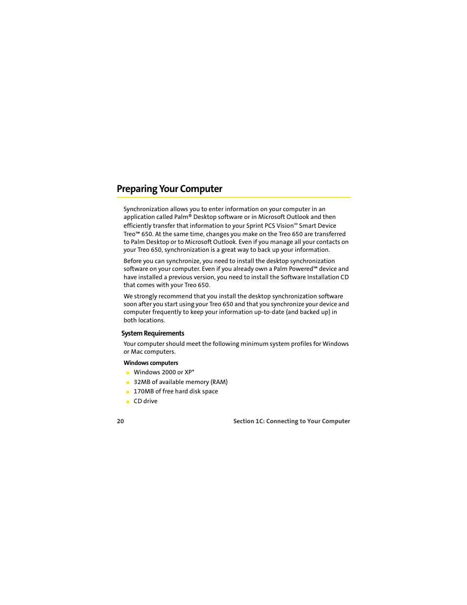 Preparing your computer | Palm 650 User Manual | Page 32 / 388