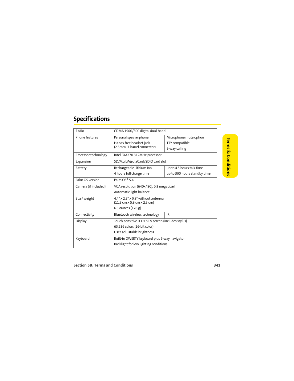 Specifications | Palm 650 User Manual | Page 353 / 388