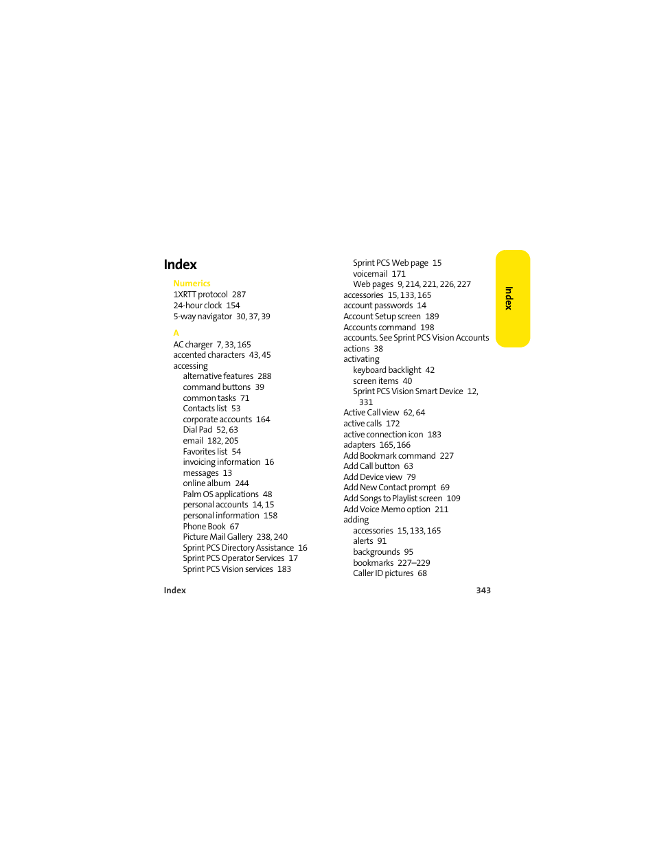 Index | Palm 650 User Manual | Page 355 / 388