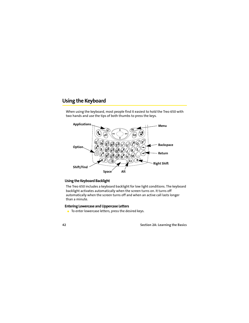 Using the keyboard | Palm 650 User Manual | Page 54 / 388