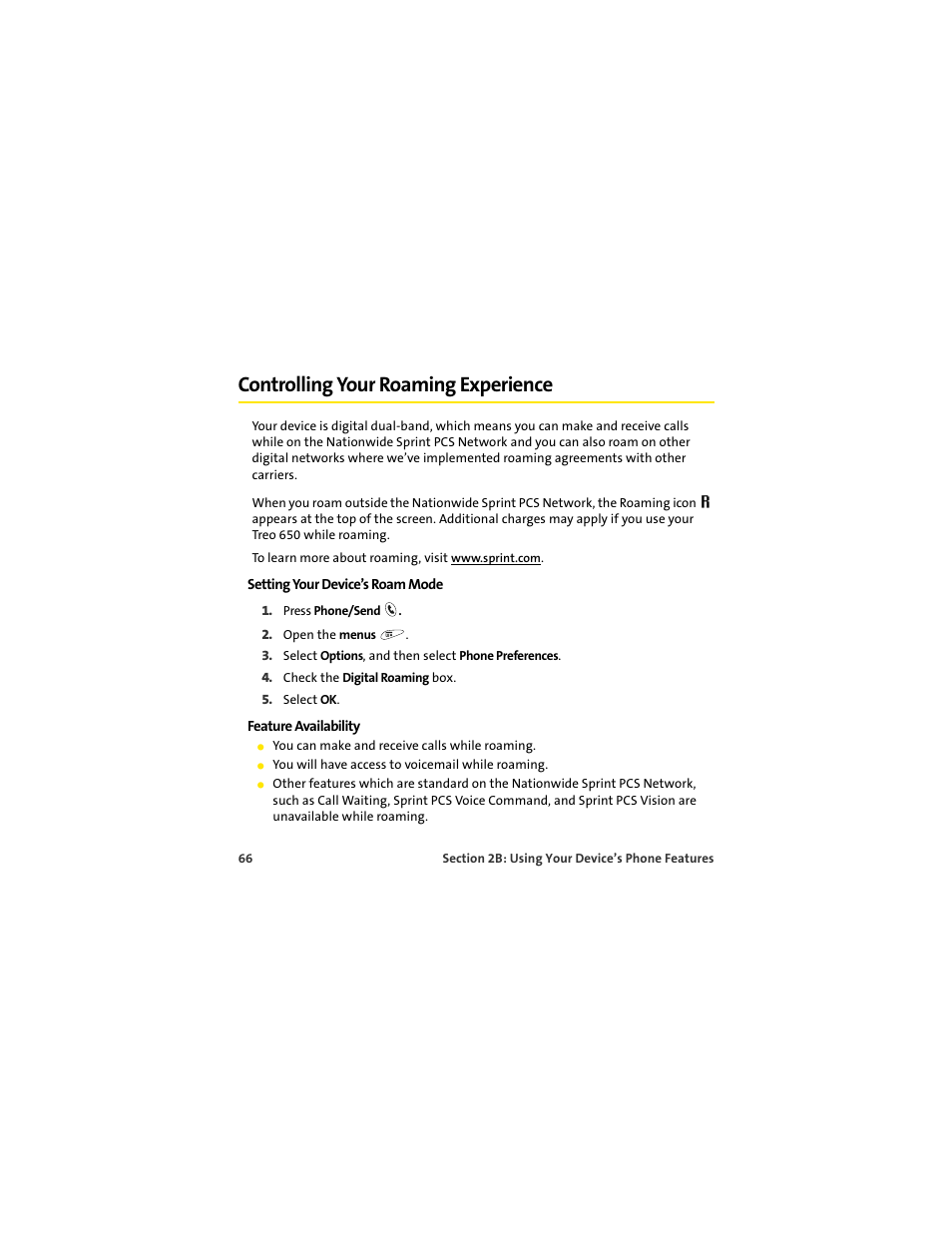 Controlling your roaming experience | Palm 650 User Manual | Page 78 / 388