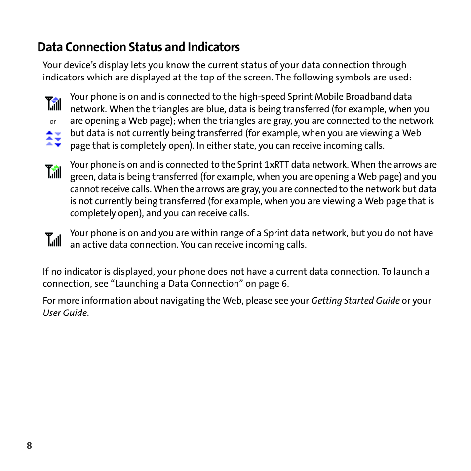 Data connection status and indicators | Palm Smart Phone User Manual | Page 10 / 22