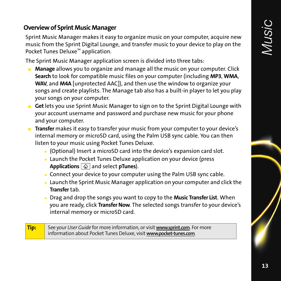 Music, Overview of sprint music manager | Palm Smart Phone User Manual | Page 15 / 22