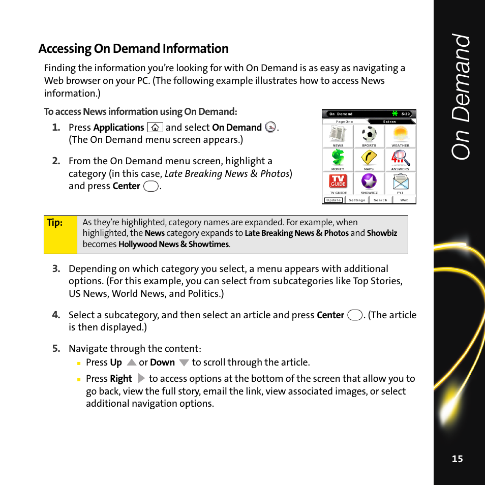 Accessing on demand information, On demand | Palm Smart Phone User Manual | Page 17 / 22