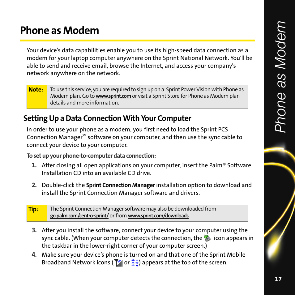 Phone as modem, Setting up a data connection with your computer | Palm Smart Phone User Manual | Page 19 / 22
