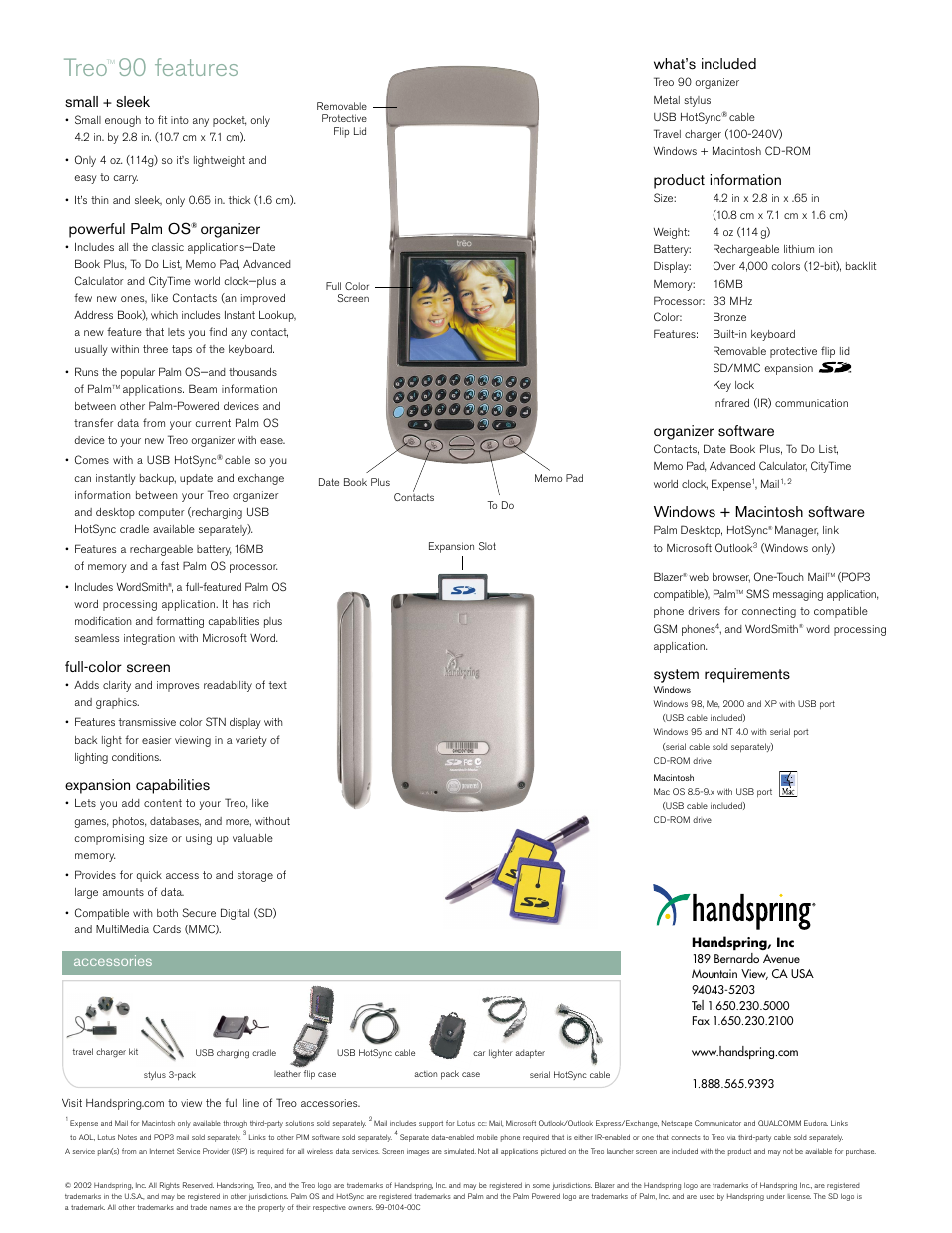 Treo, 90 features, Small + sleek | Powerful palm os, Organizer, Full-color screen, Expansion capabilities, What’s included, Product information, Organizer software | Palm TreoTM 90 User Manual | Page 2 / 2