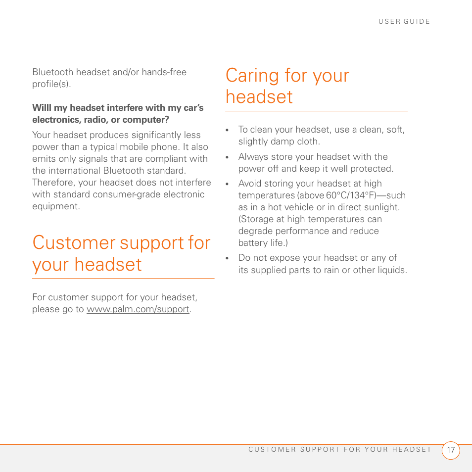Customer support for your headset, Caring for your headset | Palm Series 3 User Manual | Page 21 / 28