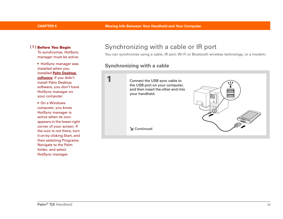 Synchronizing with a cable or ir port, Synchronizing with a cable | Palm TX User Manual | Page 100 / 690