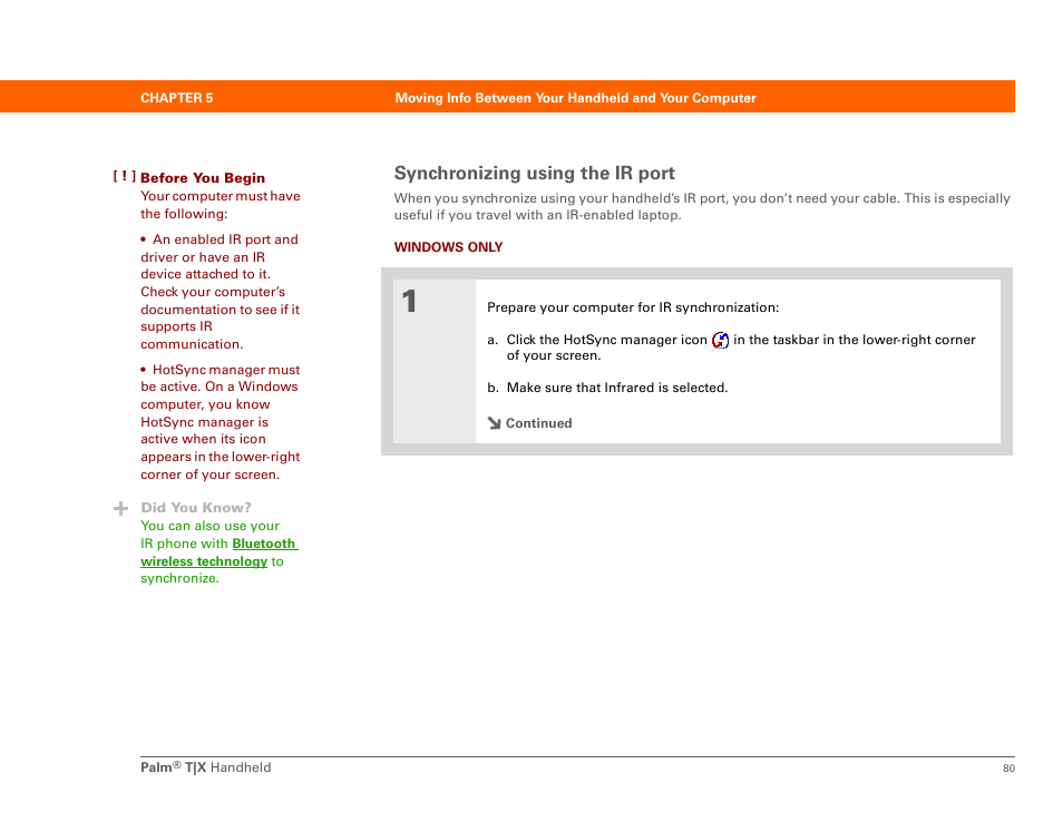 Synchronizing using the ir port | Palm TX User Manual | Page 102 / 690