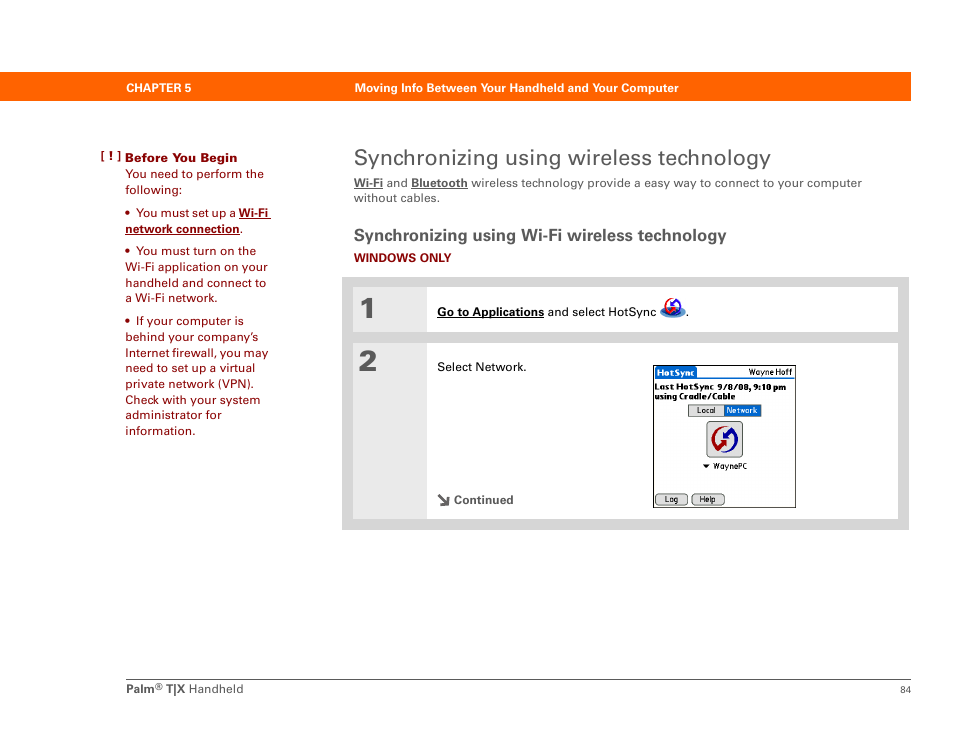 Synchronizing using wireless technology, Synchronizing using wi-fi wireless technology, Wirelessly using wi | Palm TX User Manual | Page 106 / 690