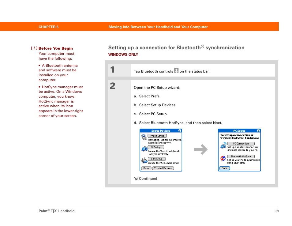 Setting up a connection for bluetooth, Or bluetooth, Synchronization | Palm TX User Manual | Page 111 / 690