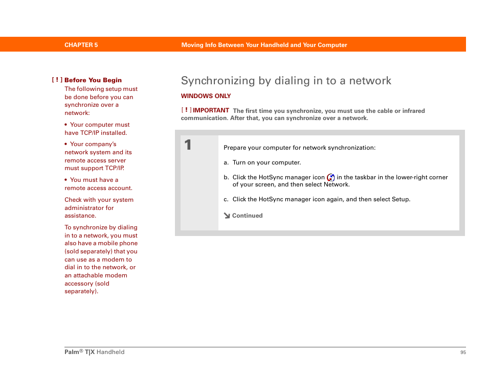 Synchronizing by dialing in to a network | Palm TX User Manual | Page 117 / 690