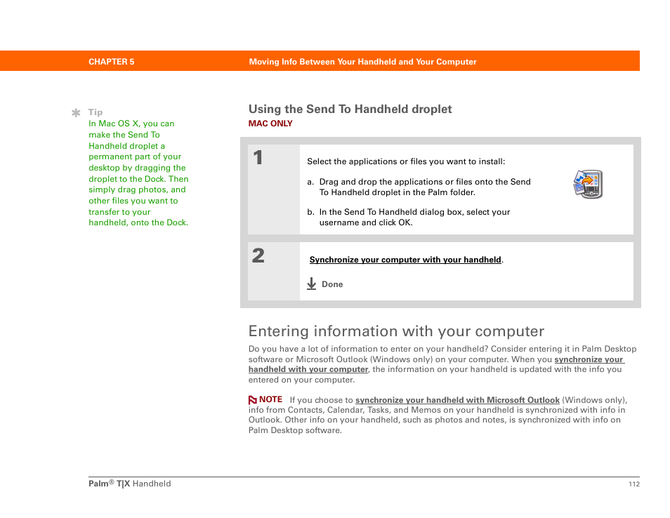 Entering information with your computer, Using the send to handheld droplet | Palm TX User Manual | Page 134 / 690