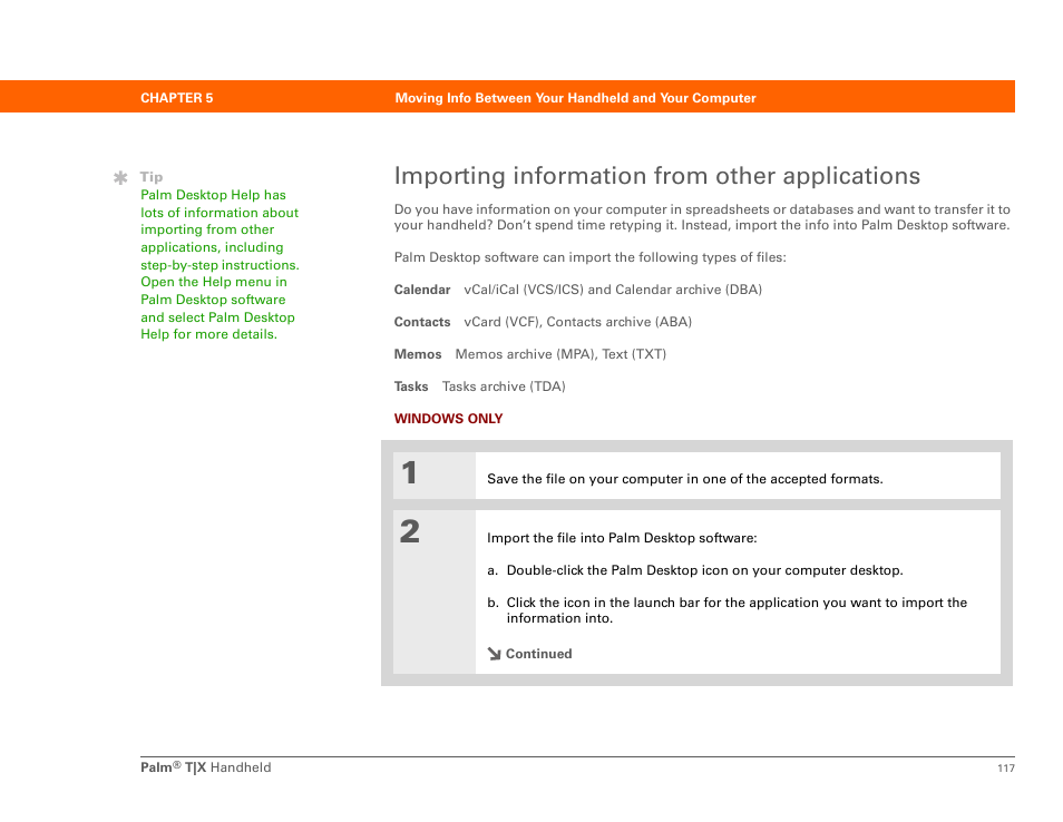 Importing information from other applications | Palm TX User Manual | Page 139 / 690