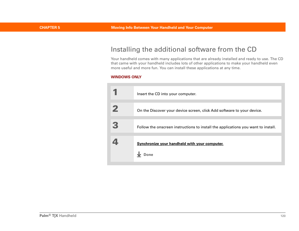 Installing the additional software from the cd | Palm TX User Manual | Page 142 / 690