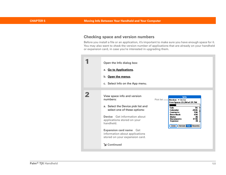 Checking space and version numbers | Palm TX User Manual | Page 144 / 690