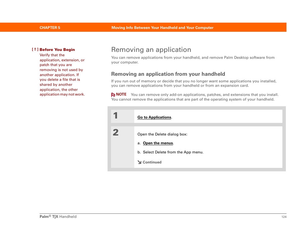 Removing an application, Removing an application from your handheld | Palm TX User Manual | Page 146 / 690