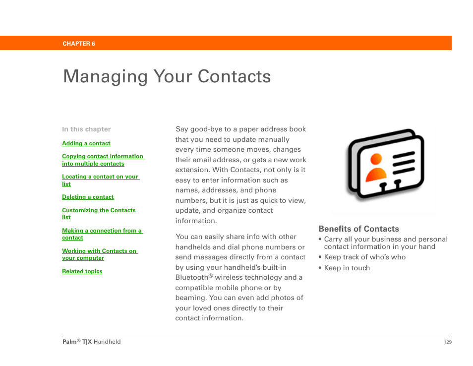 Managing your contacts, Chapter 6: managing your contacts | Palm TX User Manual | Page 151 / 690