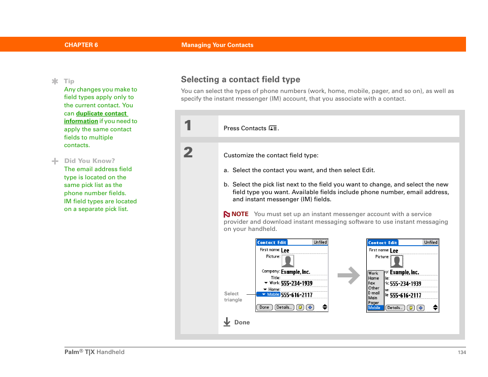 Selecting a contact field type | Palm TX User Manual | Page 156 / 690