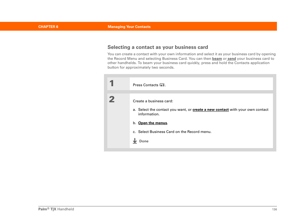 Selecting a contact as your business card | Palm TX User Manual | Page 158 / 690