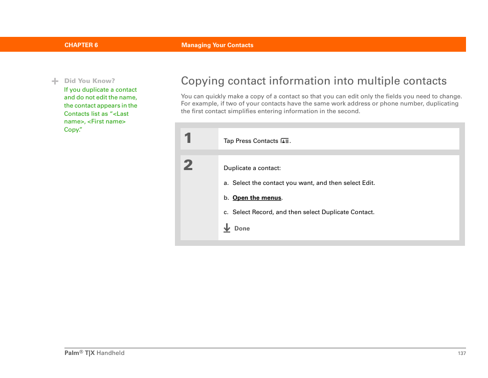 Copying contact information into multiple contacts | Palm TX User Manual | Page 159 / 690