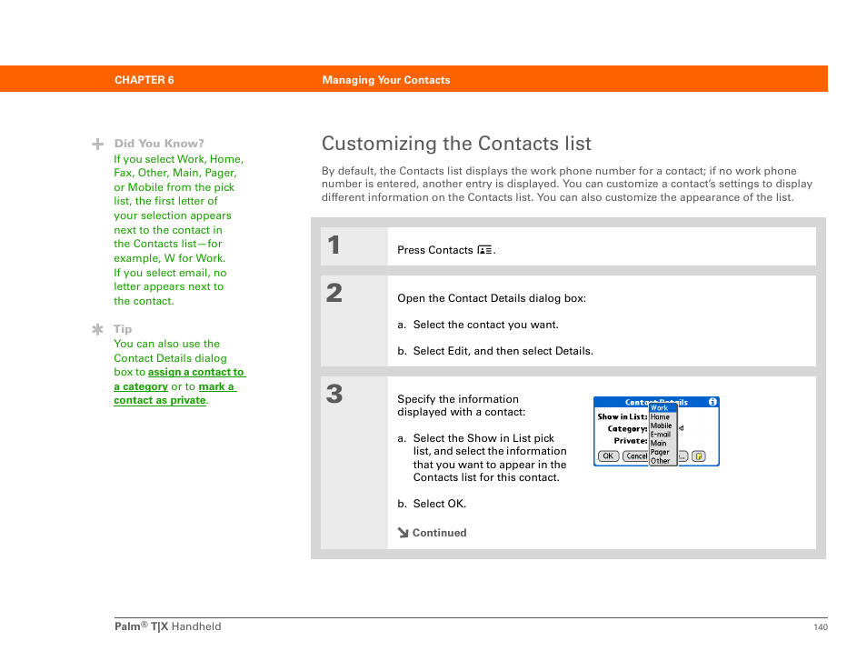 Customizing the contacts list | Palm TX User Manual | Page 162 / 690