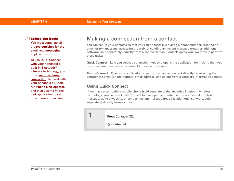 Making a connection from a contact, Using quick connect | Palm TX User Manual | Page 164 / 690