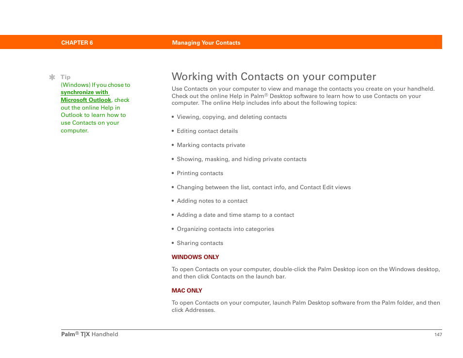 Working with contacts on your computer | Palm TX User Manual | Page 169 / 690