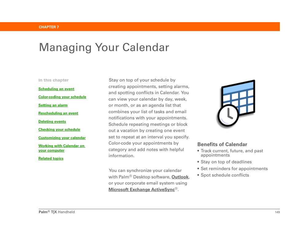 Managing your calendar, Chapter 7: managing your calendar | Palm TX User Manual | Page 171 / 690