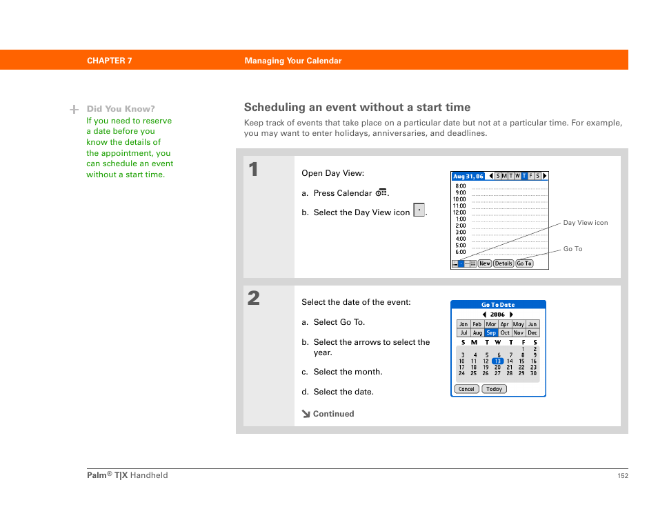 Scheduling an event without a start time | Palm TX User Manual | Page 174 / 690