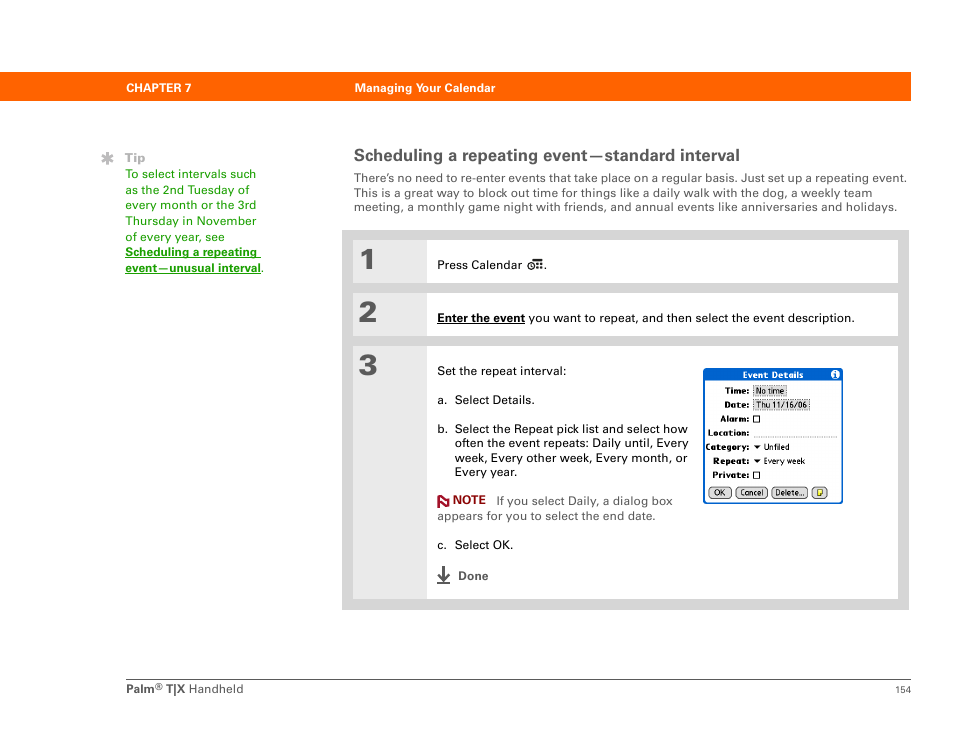 Scheduling a repeating event-standard interval, Scheduling a repeating event—standard interval | Palm TX User Manual | Page 176 / 690