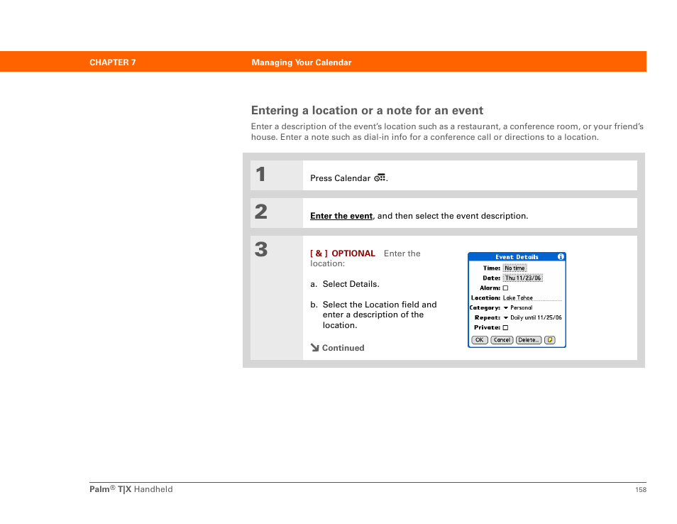 Entering a location or a note for an event | Palm TX User Manual | Page 180 / 690