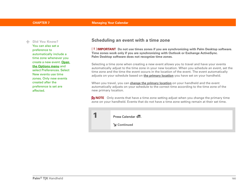 Scheduling an event with a time zone | Palm TX User Manual | Page 182 / 690