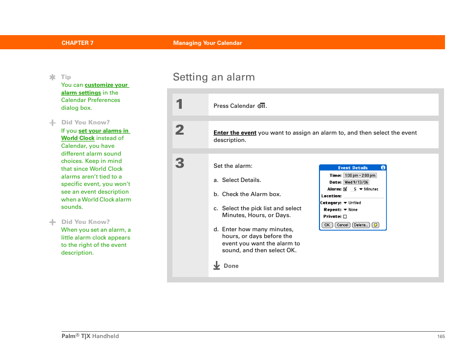 Setting an alarm | Palm TX User Manual | Page 187 / 690
