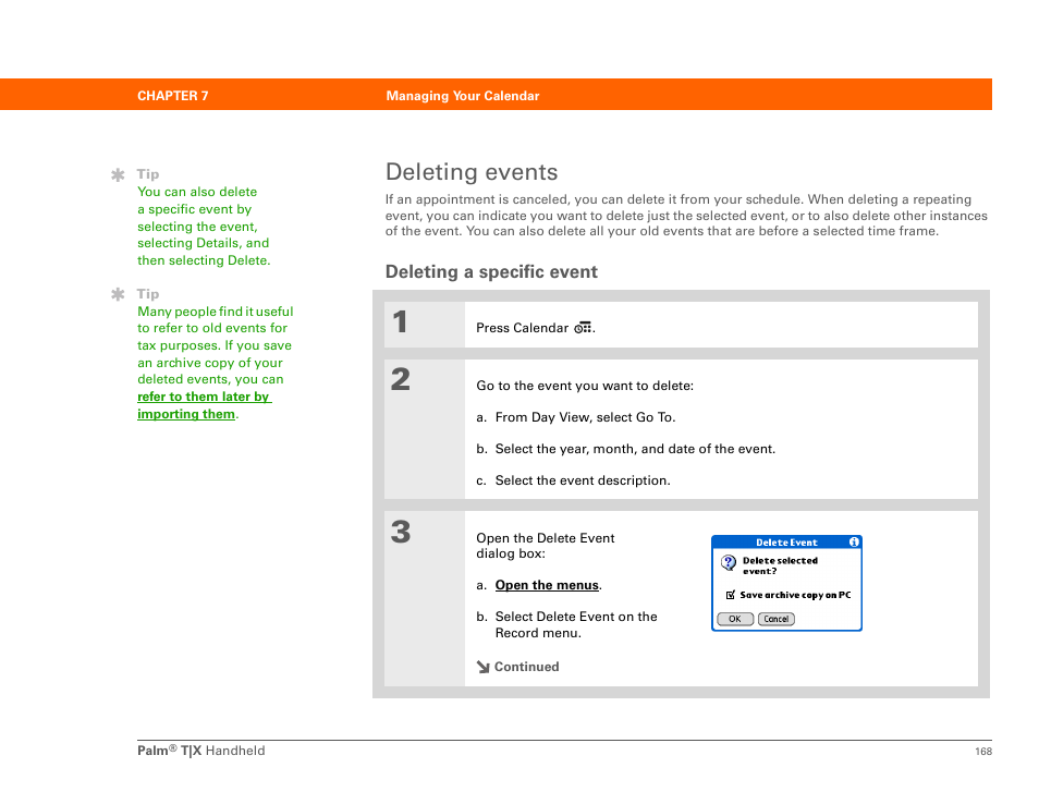 Deleting events, Deleting a specific event | Palm TX User Manual | Page 190 / 690