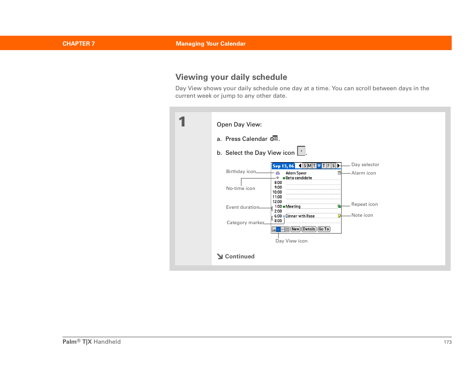 Viewing your daily schedule | Palm TX User Manual | Page 195 / 690