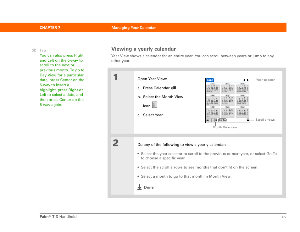 Viewing a yearly calendar | Palm TX User Manual | Page 199 / 690