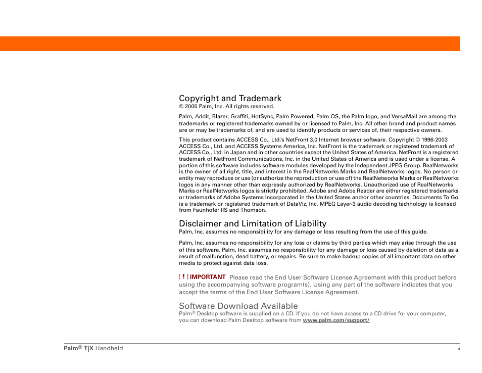 Copyright and trademark, Disclaimer and limitation of liability, Software download available | Palm TX User Manual | Page 2 / 690