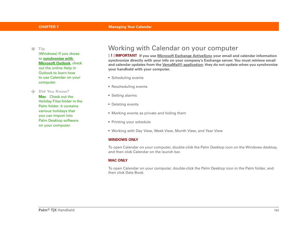 Working with calendar on your computer | Palm TX User Manual | Page 206 / 690