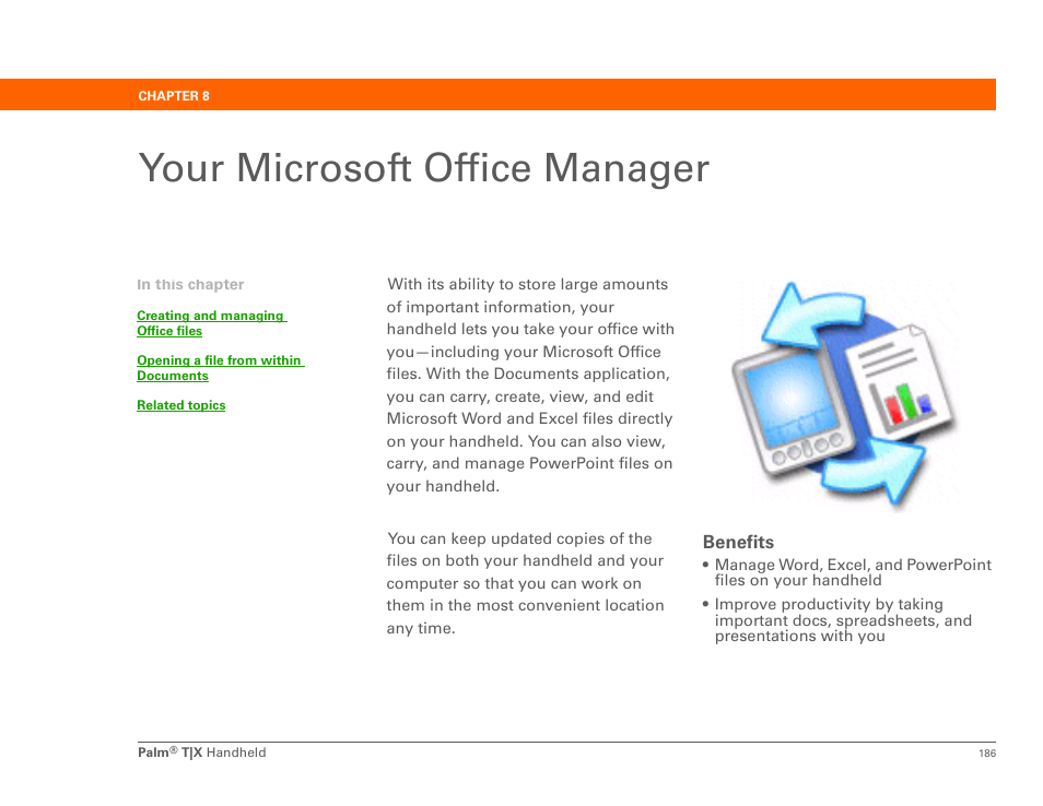 Your microsoft office manager, Chapter 8: your microsoft office manager, Documents | Palm TX User Manual | Page 208 / 690