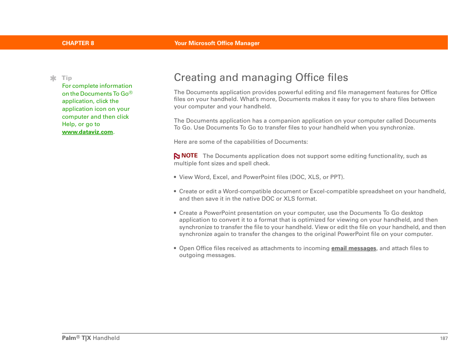 Creating and managing office files | Palm TX User Manual | Page 209 / 690