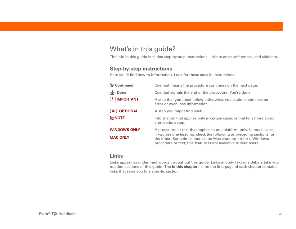 What’s in this guide, Step-by-step instructions, Links | Palm TX User Manual | Page 21 / 690