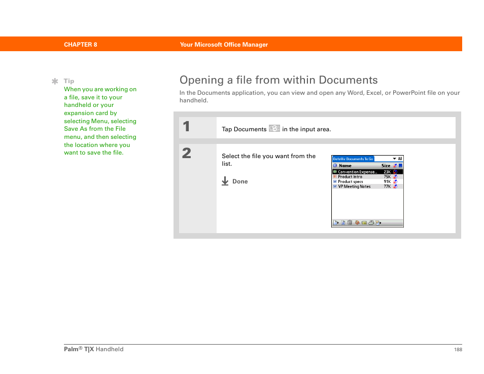 Opening a file from within documents | Palm TX User Manual | Page 210 / 690