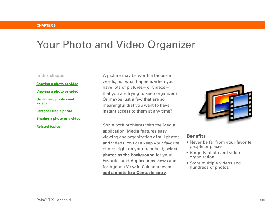 Your photo and video organizer, Chapter 9: your photo and video organizer, Video | Palm TX User Manual | Page 212 / 690