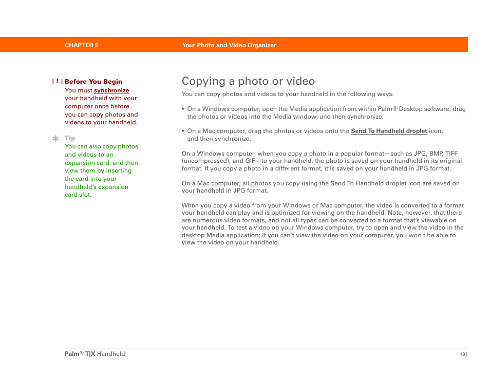 Copying a photo or video | Palm TX User Manual | Page 213 / 690