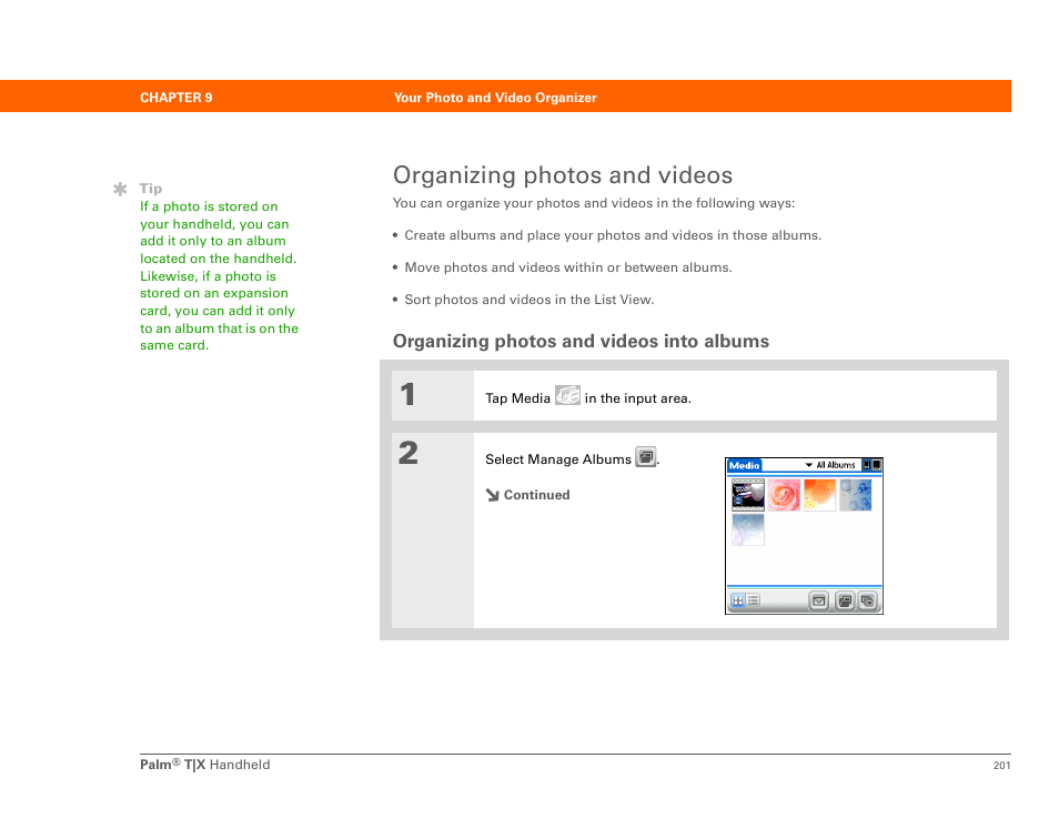 Organizing photos and videos, Organizing photos and videos into albums | Palm TX User Manual | Page 223 / 690