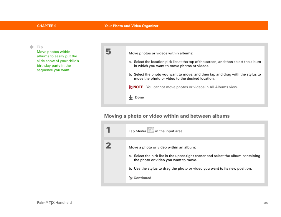 Moving a photo or video within and between albums | Palm TX User Manual | Page 225 / 690